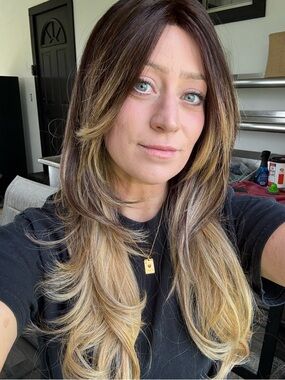 Layered Ombre Wig - Dark Brown Root-Honey Blonde Ends, monofilament, synthetic